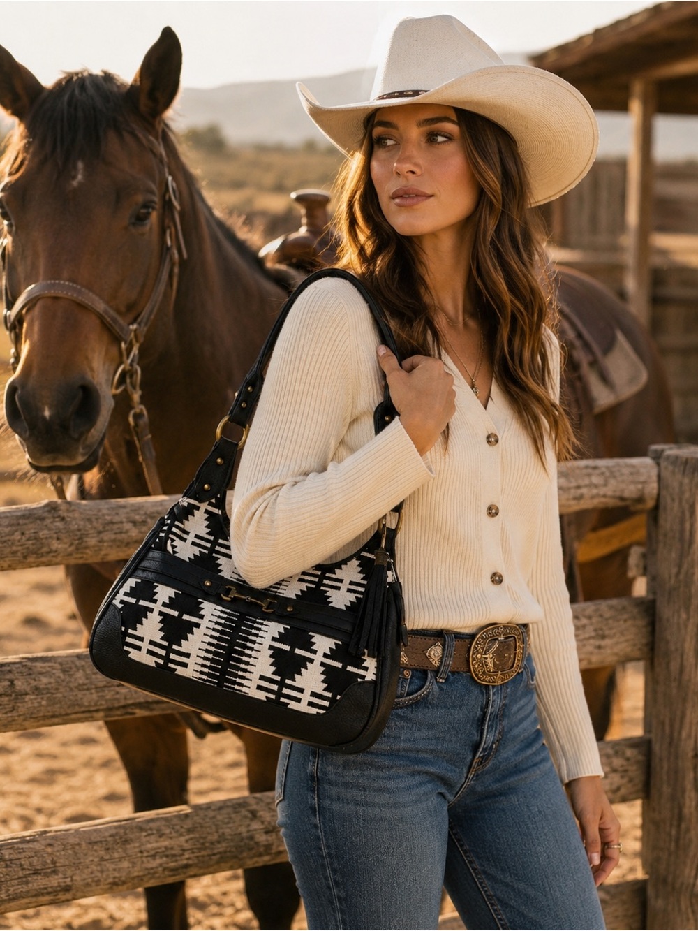 NWT Western Wear Aztec Southwestern Rodeo Shoulder Bag Black White Boho Purse